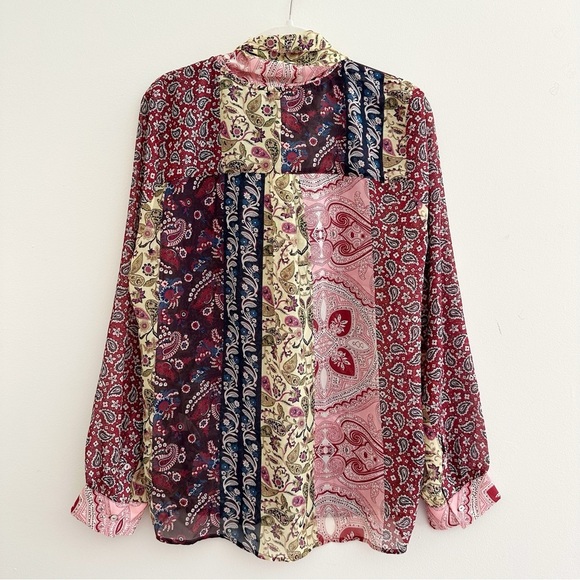 Soft Surroundings Langdon Paisley Patchwork Blouse Large Neck Tie Semi Sheer - Picture 2 of 12
